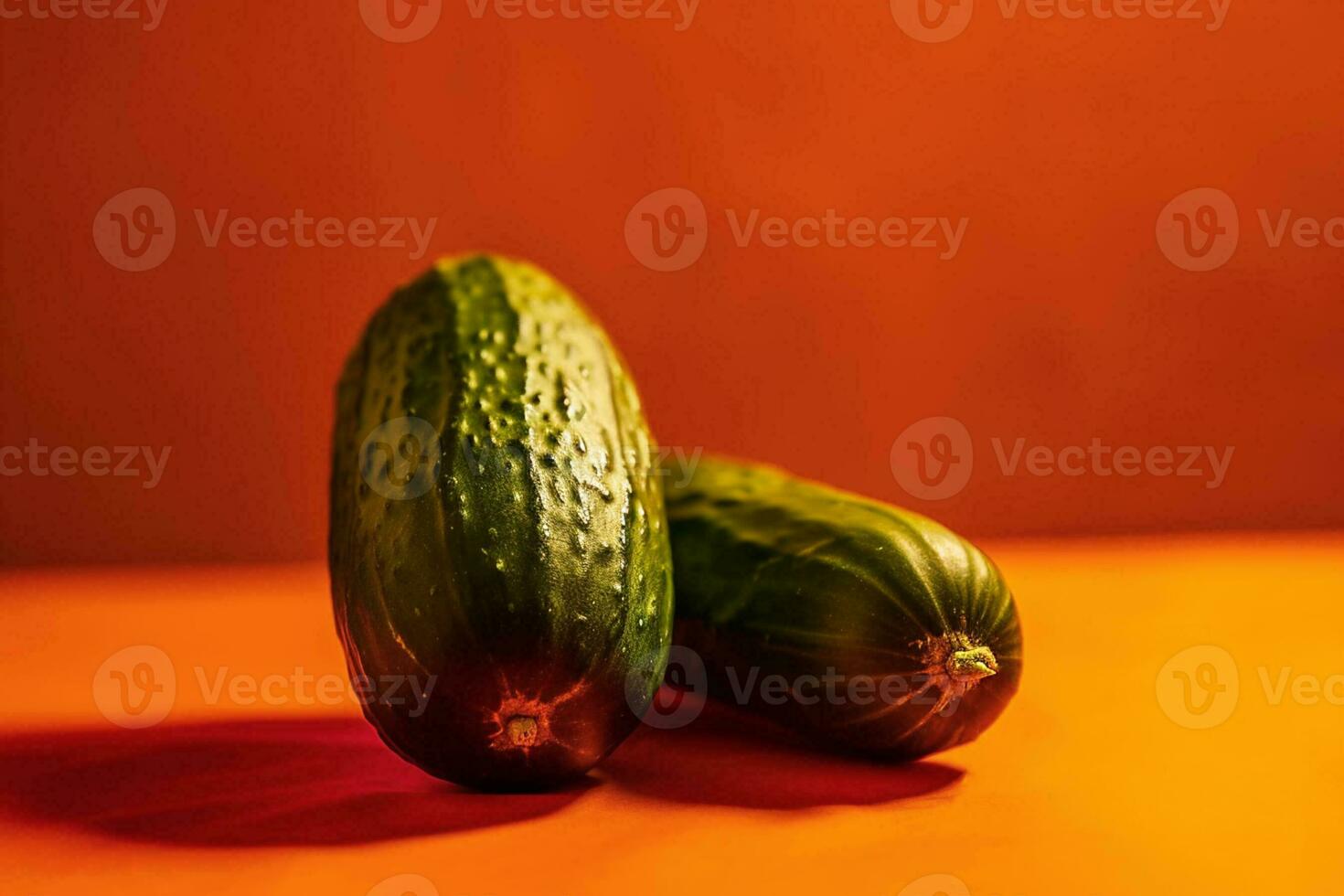 fresh green cucumbers on bright orange background close-up copy space generative ai photo