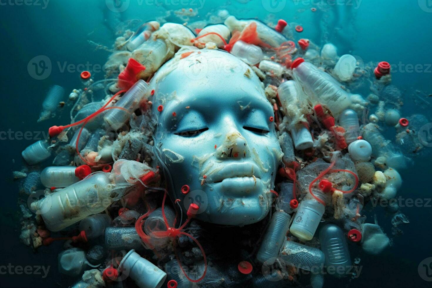 plastic mannequin head in water among lot of plastic waste Pollution of sea or ocean with plastic waste Ecological disaster generative ai photo