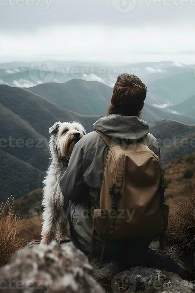 rear view of man with backpack sitting with shaggy fluffy gray dog on rocks hiking in mountains in autumn pet adoption traveling with dog generative ai photo