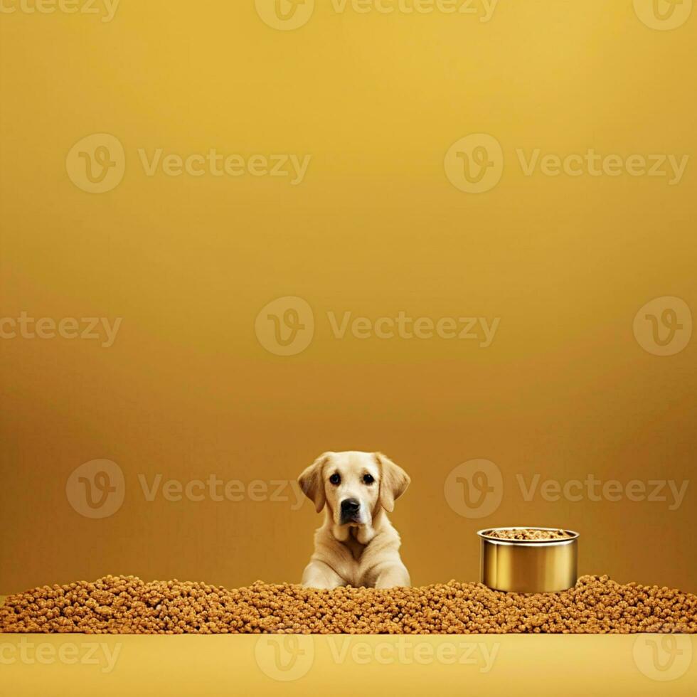 golden retriever sitting in front of lot of dry dog food and bowl of food on yellow background generative ai pets care copy space photo