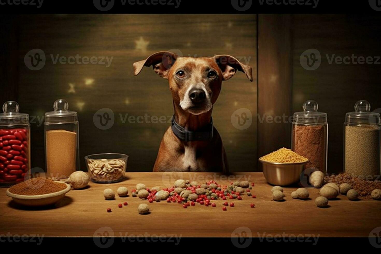 shorthair brown dog sitting at wooden table with different culinary ingredients in kitchen cooking and eating funny concept generative ai pets photo