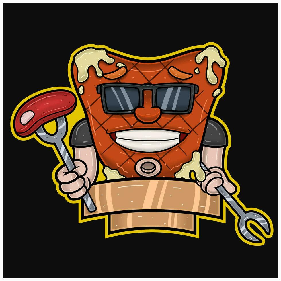 Mascot Cartoon of Meat Steak With Holding Meat and Forks. With Blank Sign. For Food, Meat, Barbeque and Beef Logo. vector