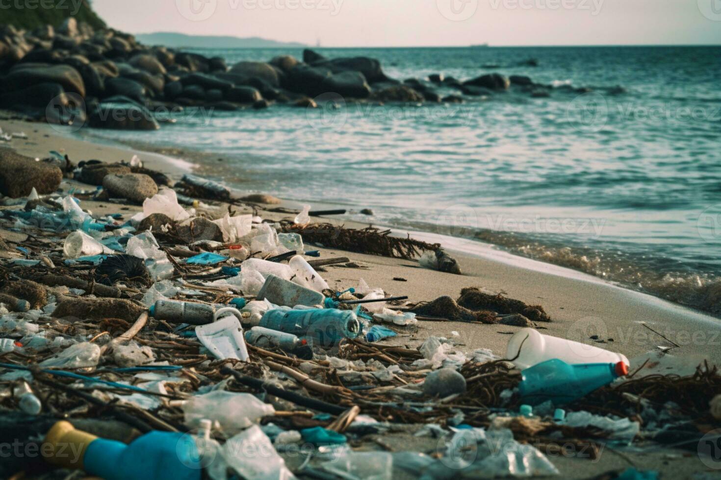 grande número de el plastico botellas y otro en costa o lago contaminación de mar o Oceano con el plastico residuos ecológico desastre generativo ai foto