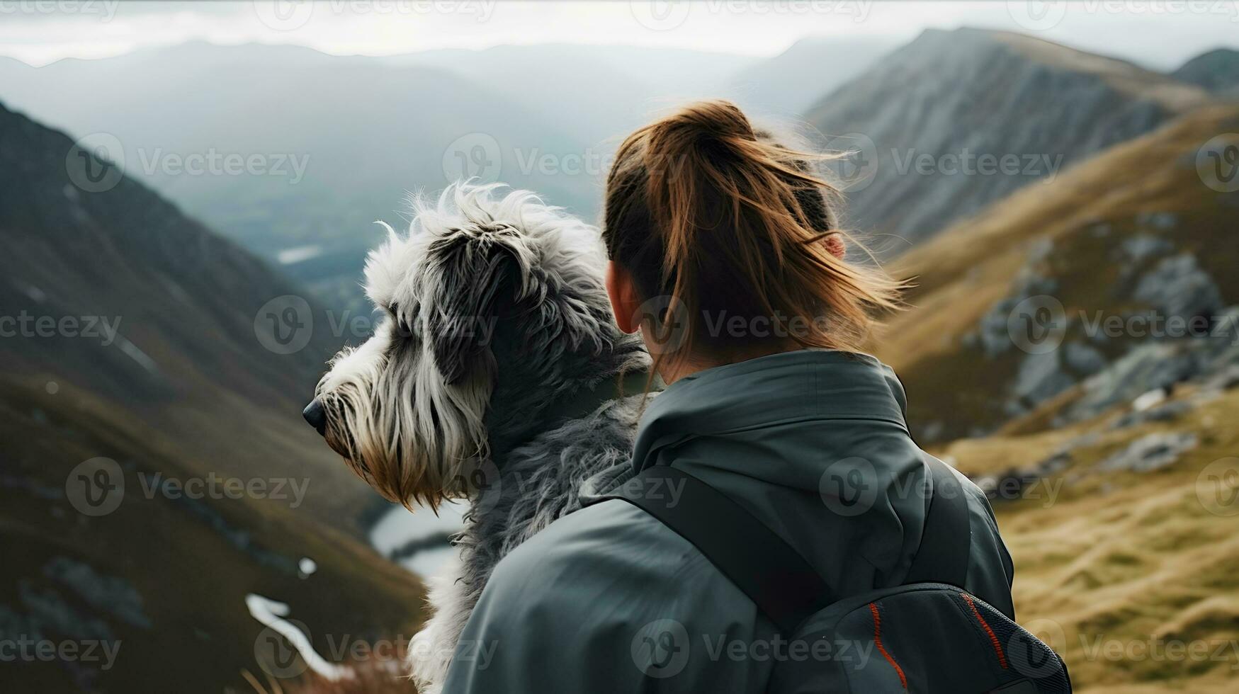 rear view of woman hiking with fluffy bearded gray dog in mountains in autumn pet adoption traveling with dog generative ai photo