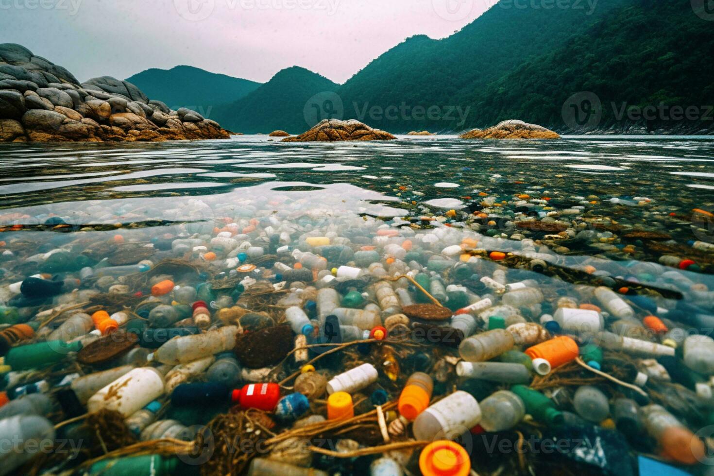 large number of plastic bottles and other in water against mountains Pollution of sea or ocean with plastic waste Ecological disaster generative ai photo