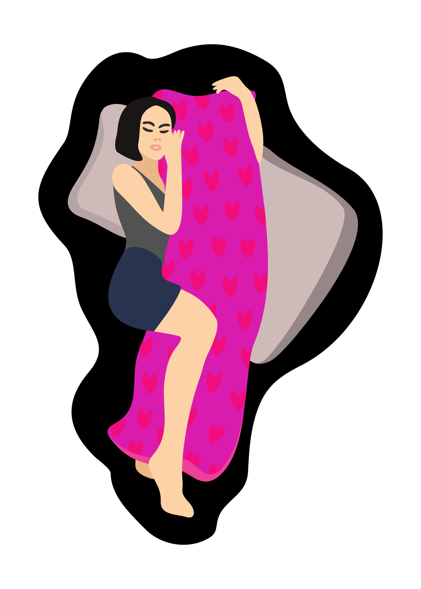 Dakimakura. Sleeping woman hugging pillow. Comfortable sleep concept