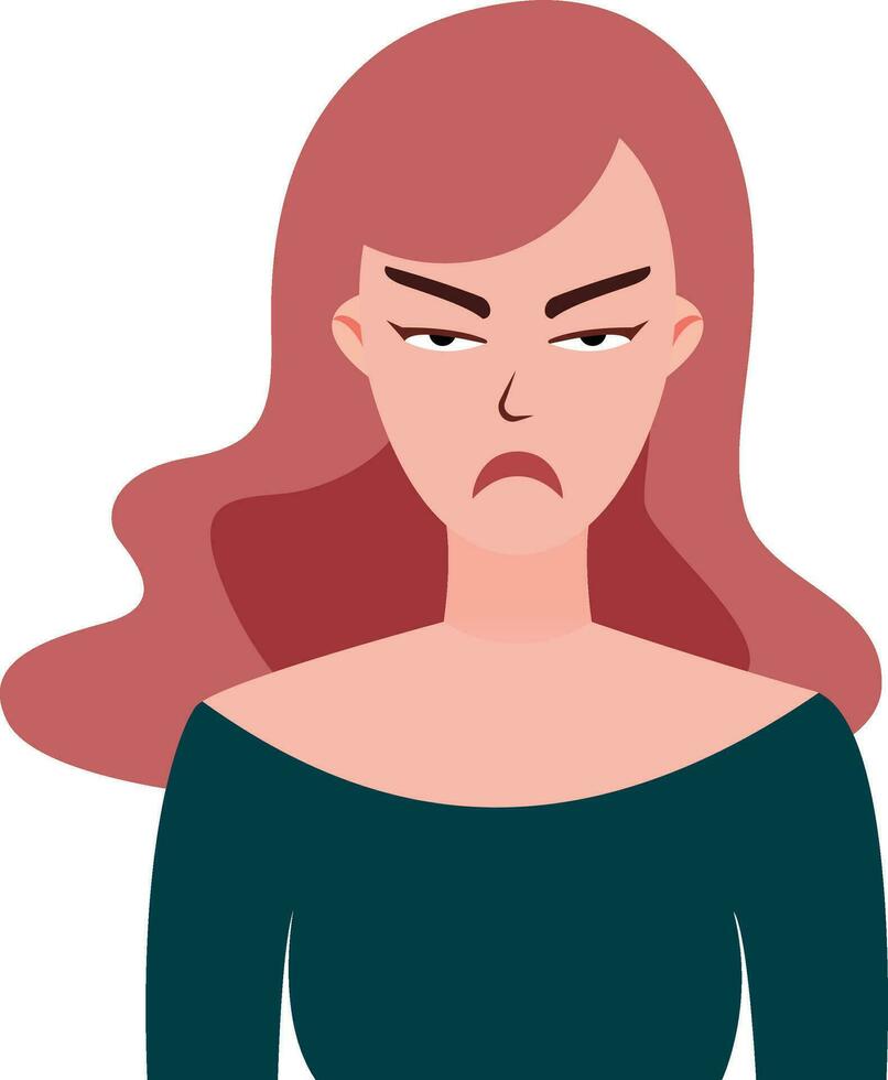 celoso fruncir el ceño mujer plano estilo vector ilustración, celoso facial impresión, enojado mujer, decepcionado dama con rojo pelo plano estilo valores vector imagen