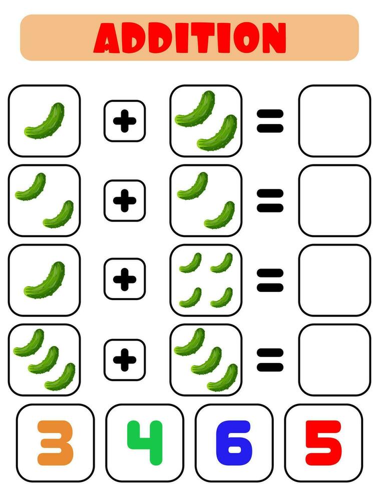 Addition of cucumbers. A task for children. Educational development sheet. Color activity page. A game for children. vector