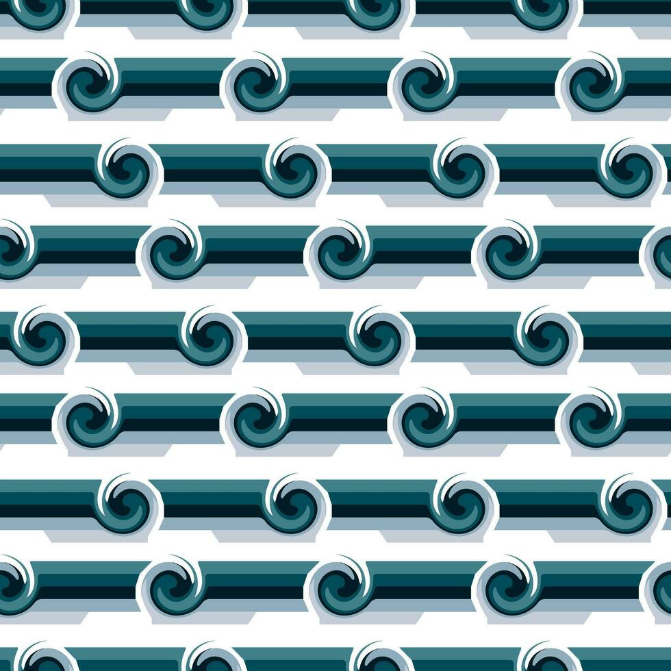 Seamless pattern in retro style. Disco wavy blue background for fashionable prints in funk style. An unusual psychedelic summer background with a whirlpool. Sea line, a sea repeating wave vector