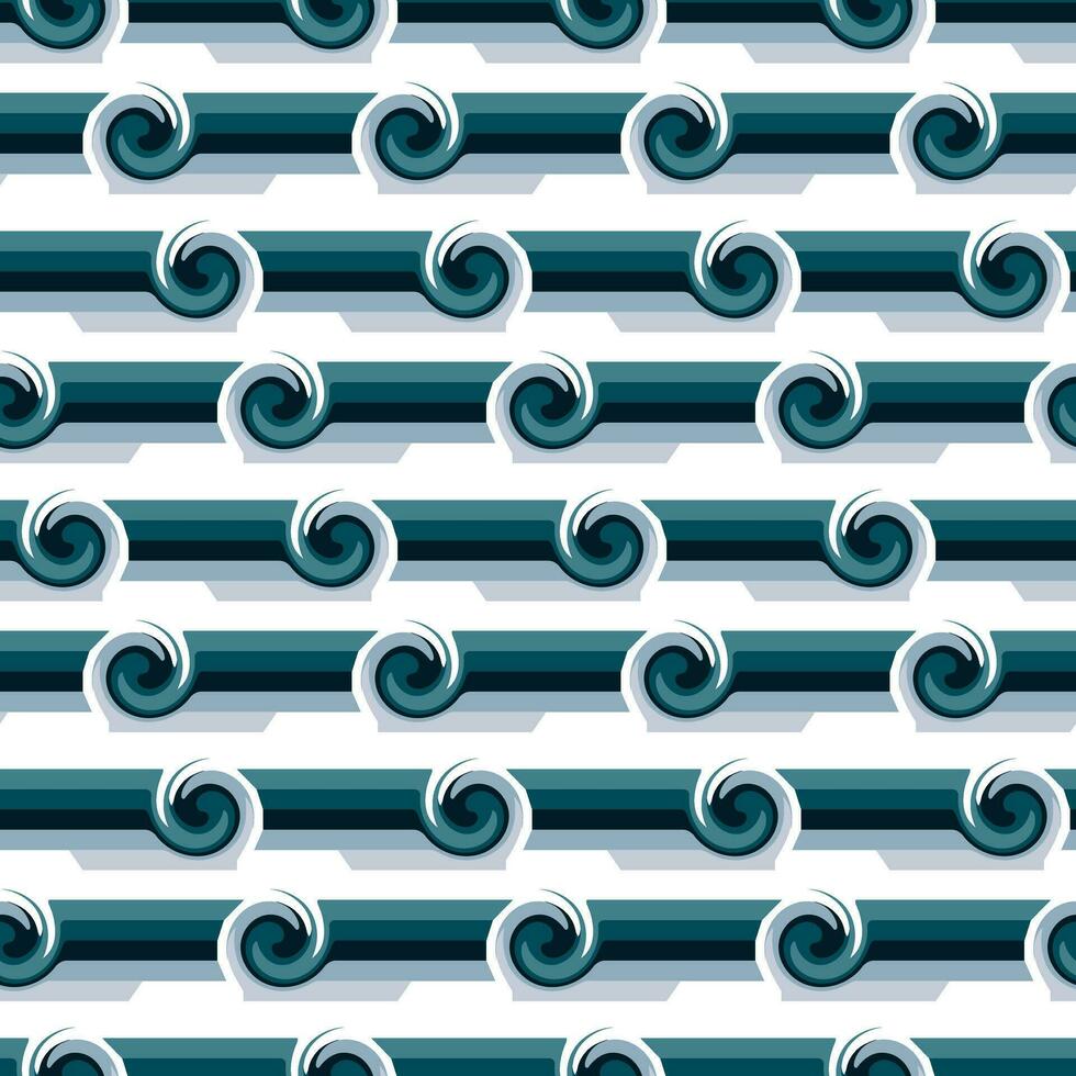 Seamless pattern in retro style. Disco wavy blue background for fashionable prints in funk style. An unusual psychedelic summer background with a whirlpool. Sea line, a sea repeating wave vector