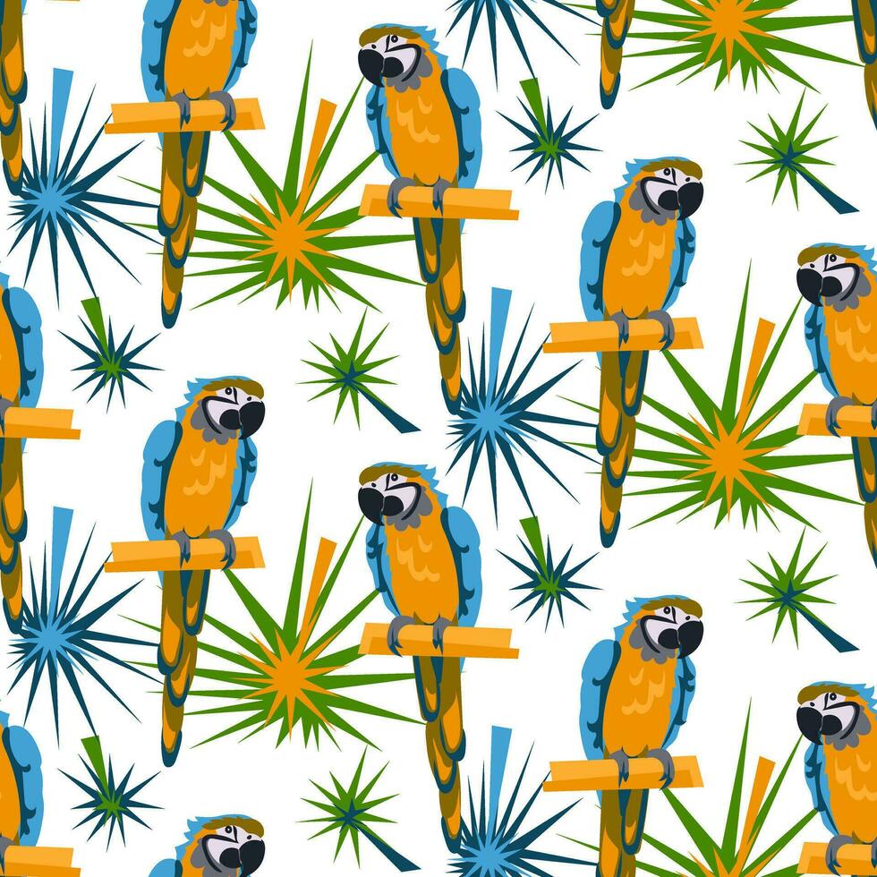 Tropical parrot birds with abstract leaves on a white background. Seamless exotic elegant pattern. Fashionable colors. Ideal for printing on fabric and wallpaper. Big parrots on a branch vector