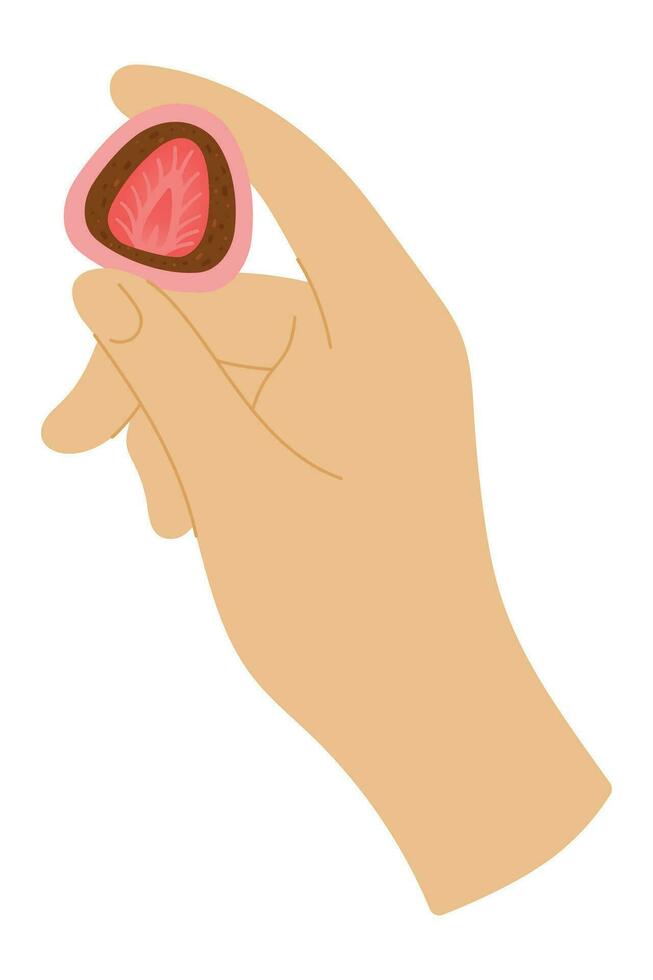 Cartoon Hand Holds Strawberry Daifuku on White Background. Mochi Japanese Dessert with Strawberry and Adzuki Beans Paste vector