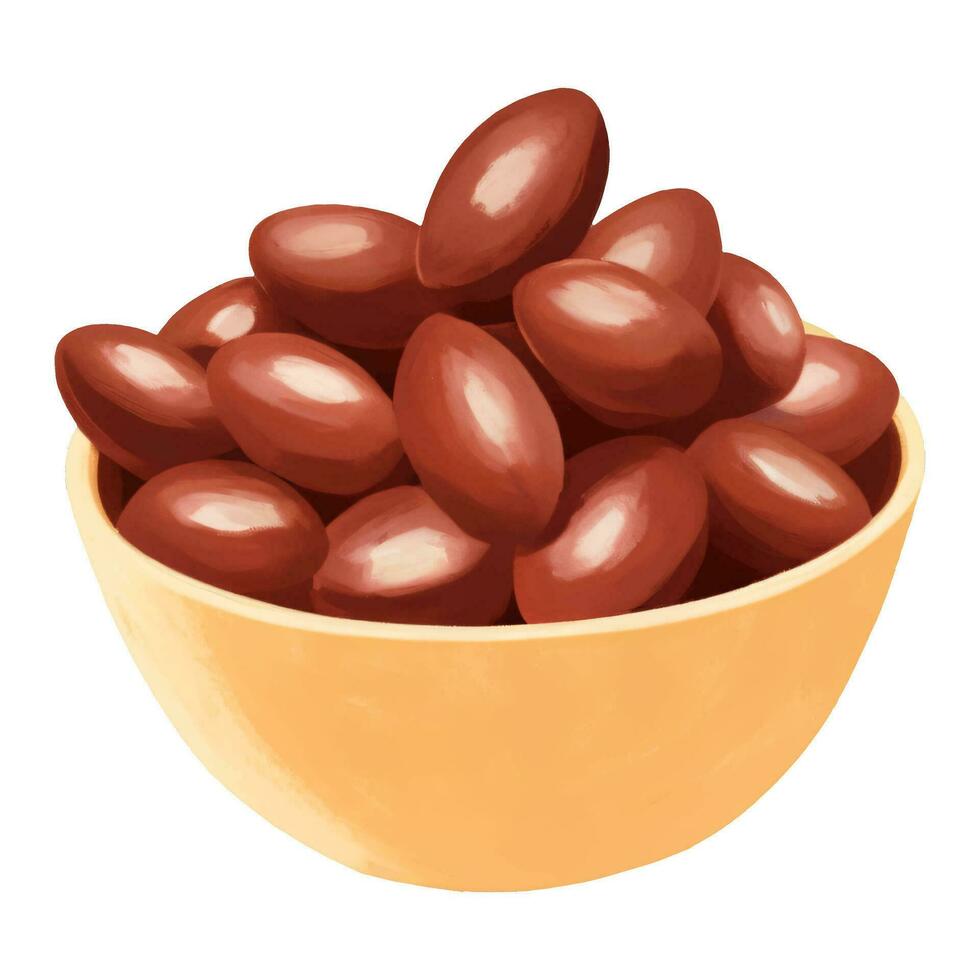 Cocoa Beans on Wooden Bowl Isolated Hand Drawn Painting Illustration vector