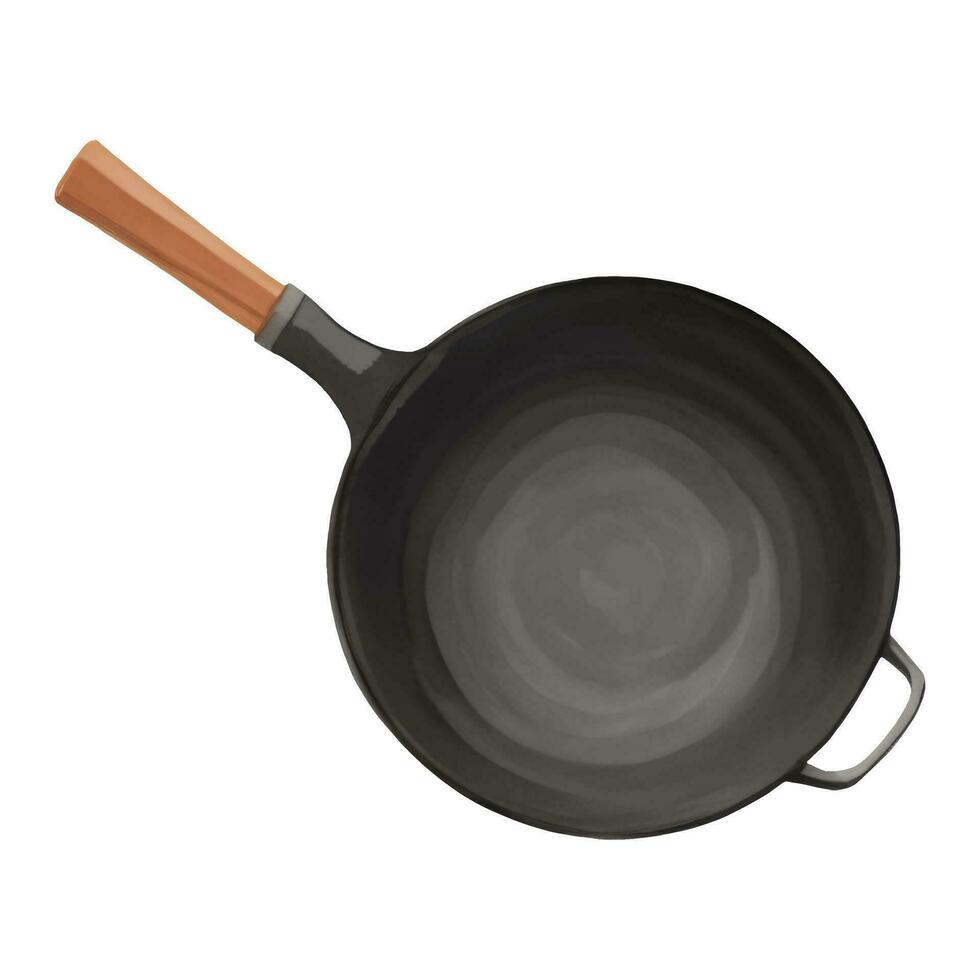Wok with Wooden Handle Top View Isolated Hand Drawn Painting Illustration vector