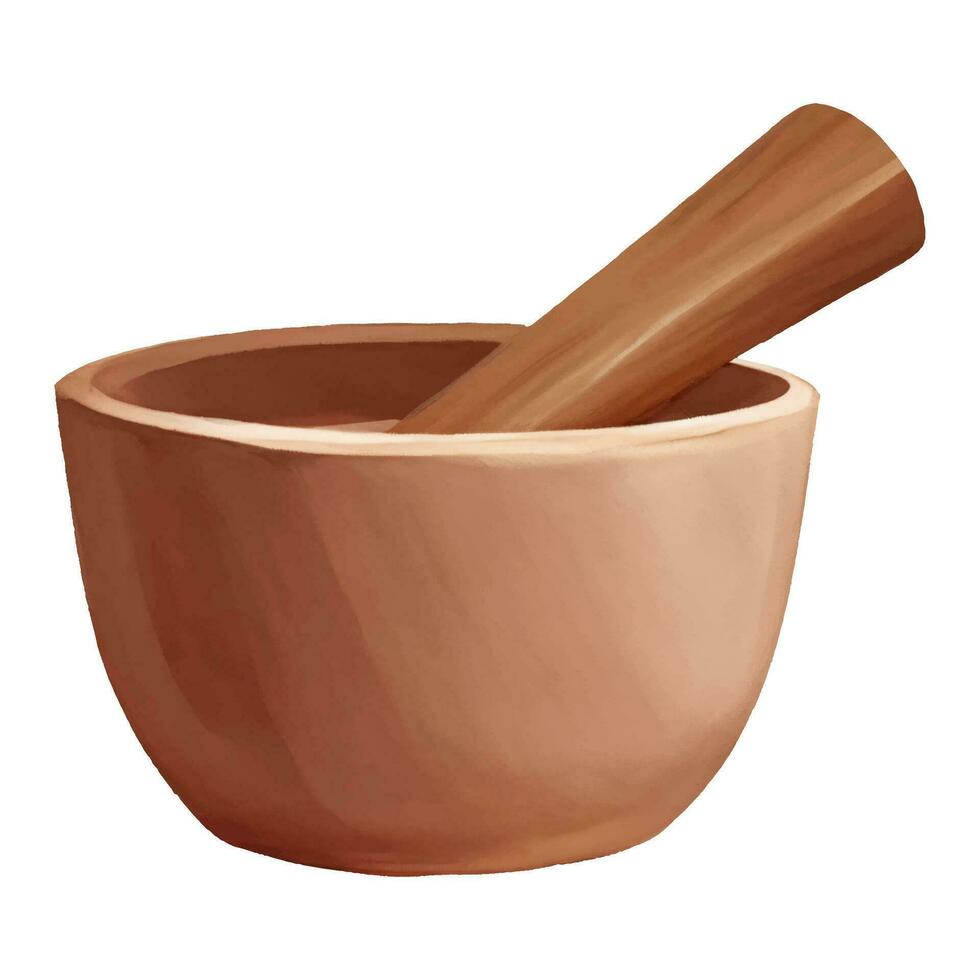Wooden Mortar and Pestle Isolated Hand Drawn Painting Illustration vector