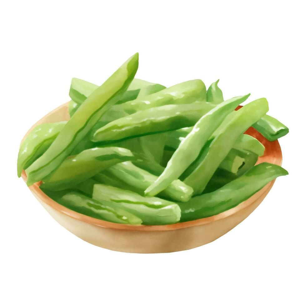 Green Beans on Wooden Bowl Isolated Hand Drawn Painting Illustration vector