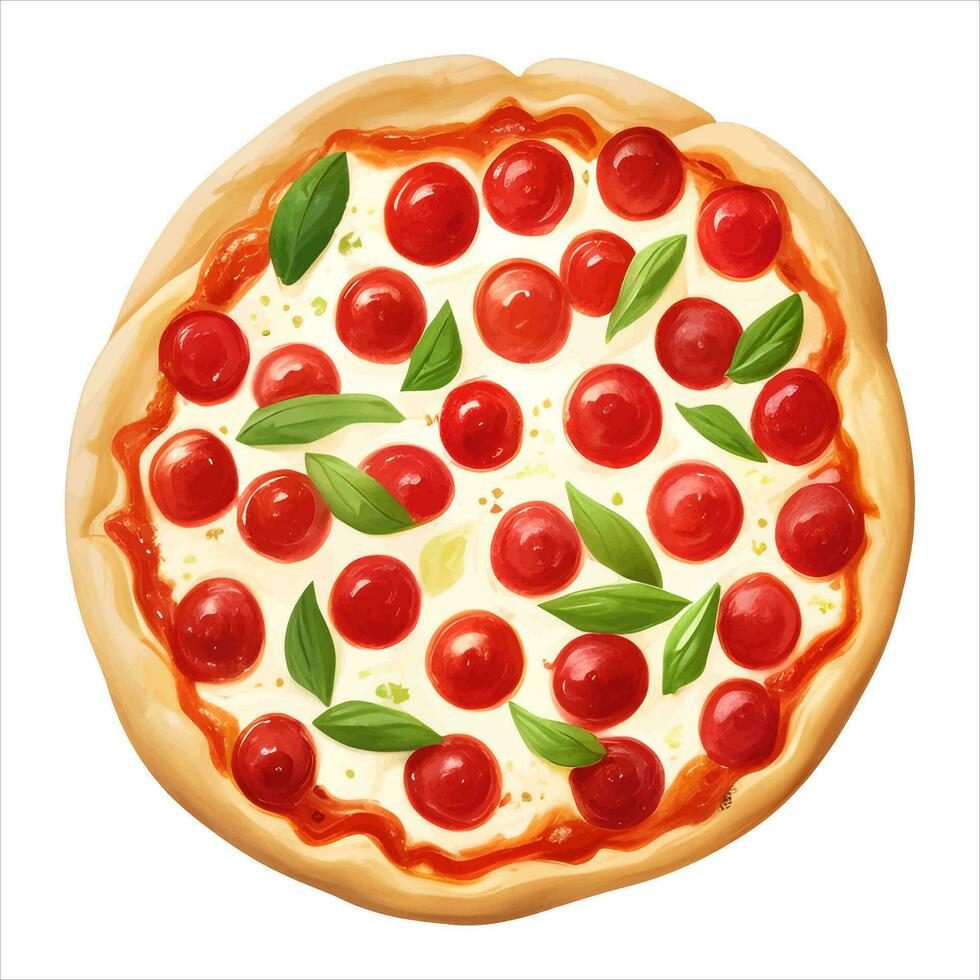 Pepperoni Cheese Pizza Top View Isolated Detailed Hand Drawn Painting Illustration vector