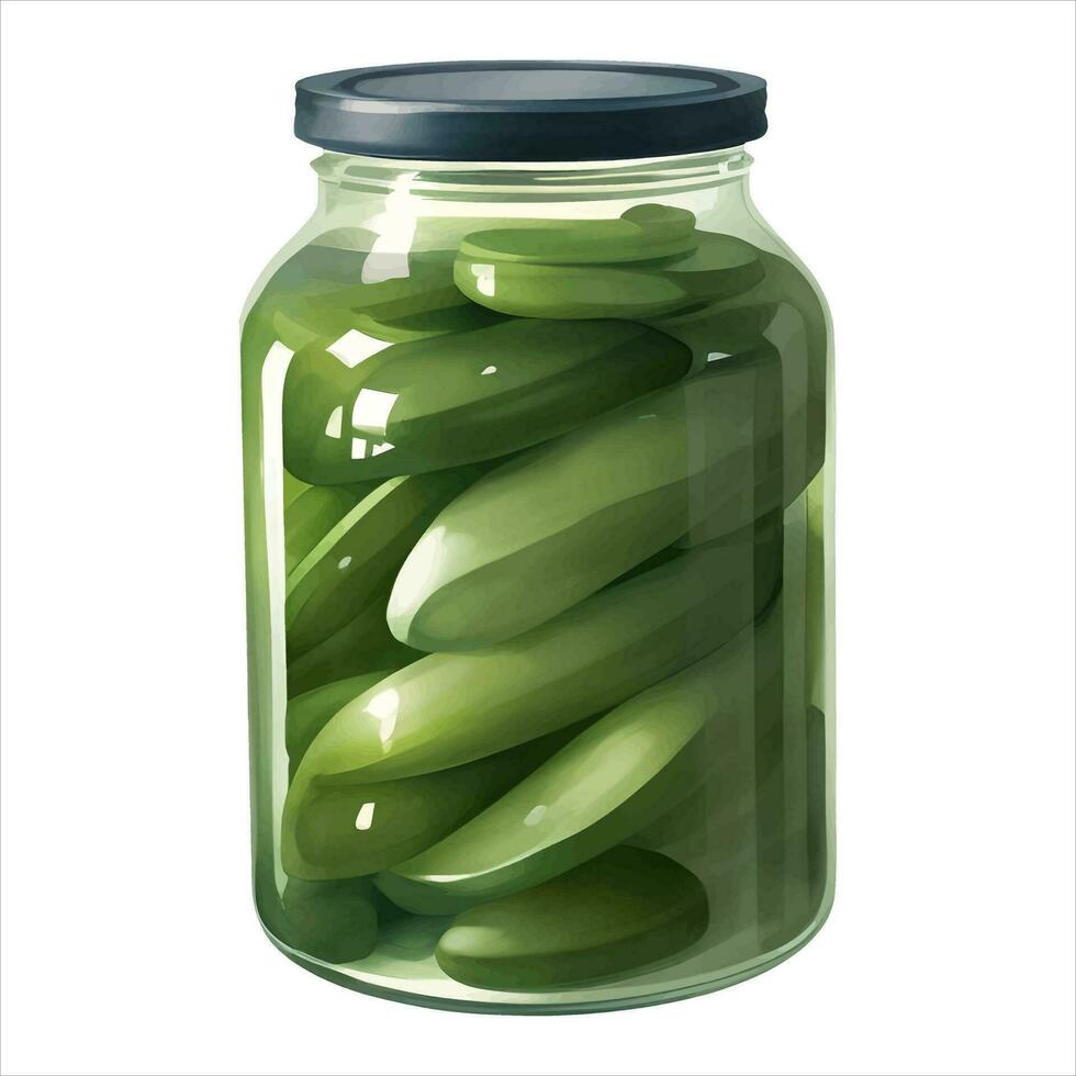 Cucumber Pickle in Jar Isolated Detailed Hand Drawn Painting Illustration vector