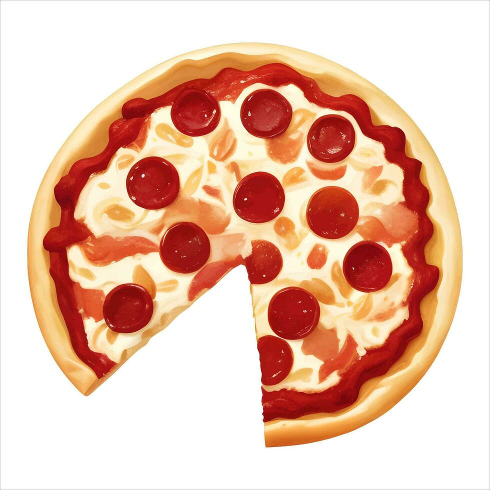 Sliced Pepperoni Cheese Pizza Top View Isolated Detailed Hand Drawn Painting Illustration vector