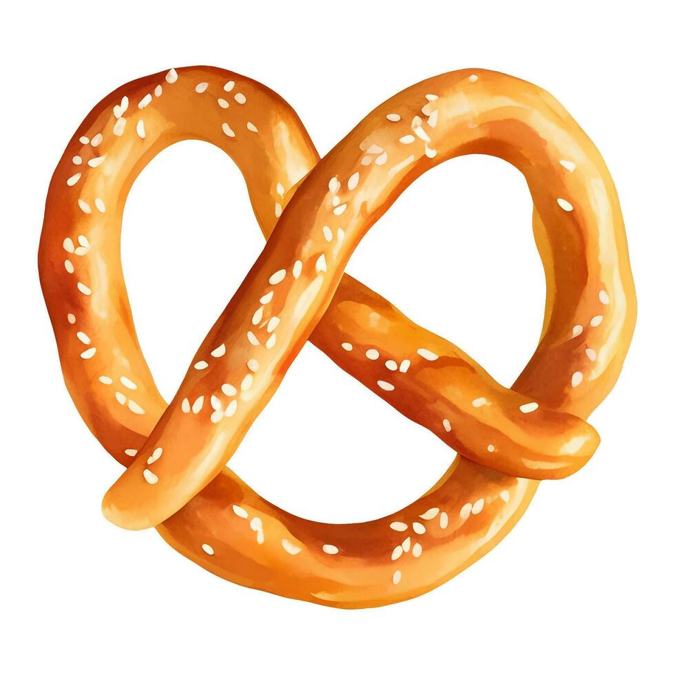 Plain Baked Pretzel Pastry with Sesame Seed Detailed Hand Drawn Illustration Painting vector