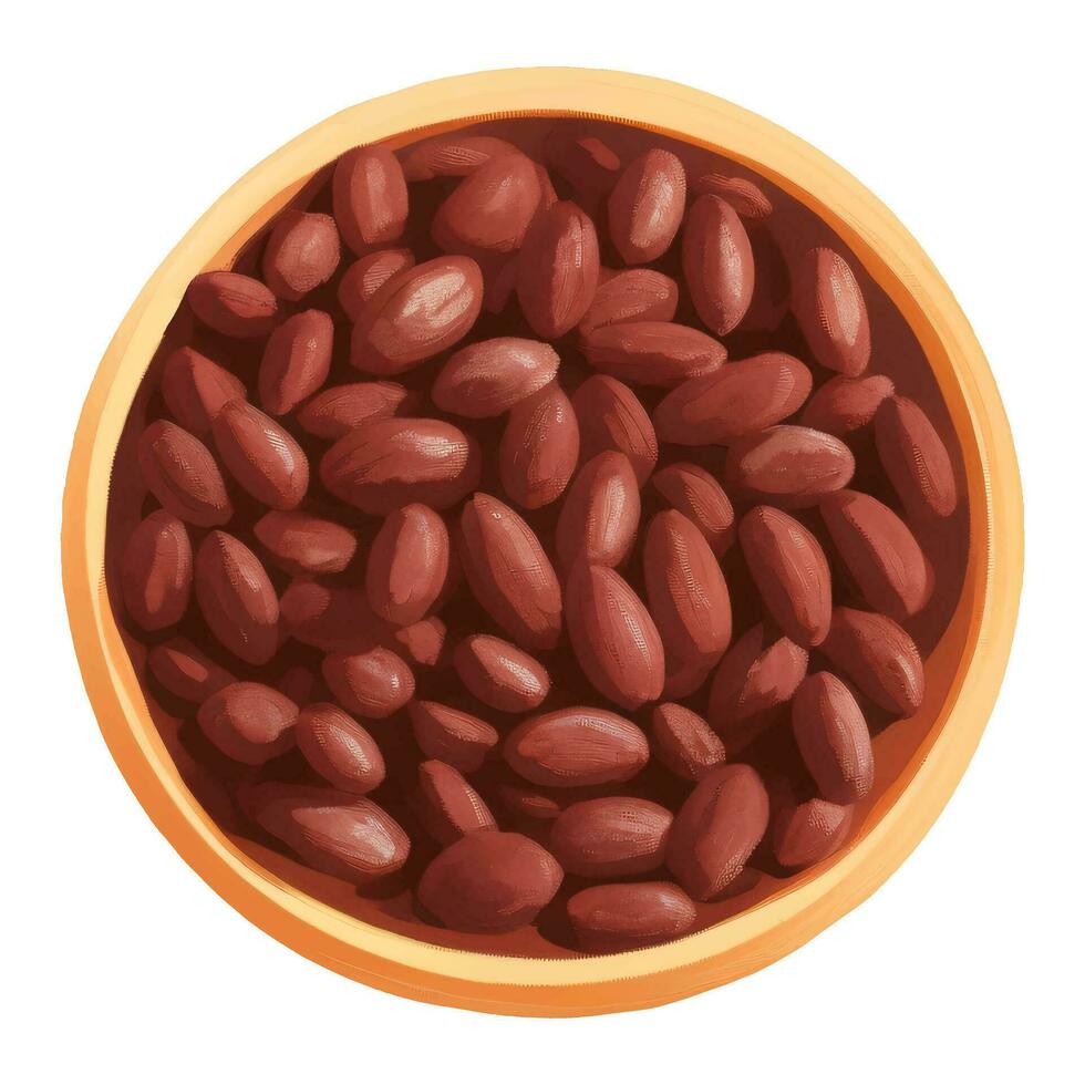 Cocoa Beans on Wooden Bowl Top View Isolated Hand Drawn Painting Illustration vector