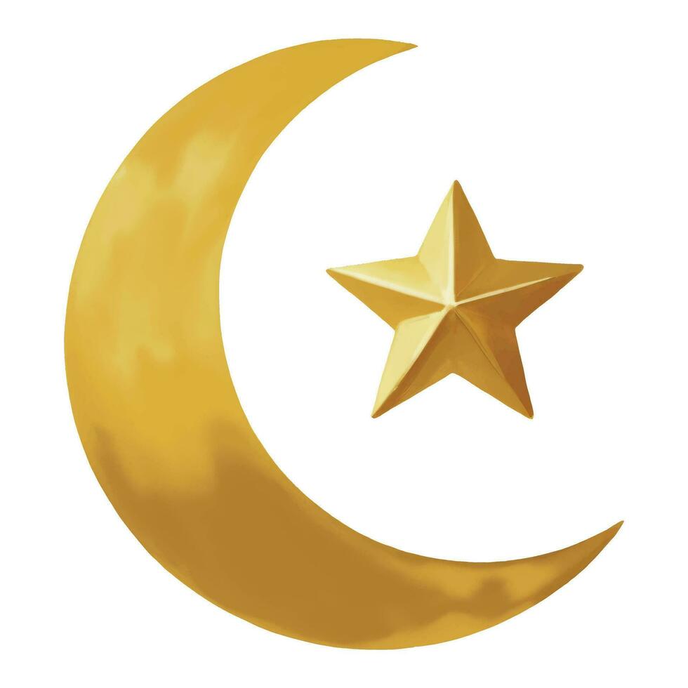Islamic Golden Crescent Moon and Star Isolated Hand Drawn Painting Illustration vector