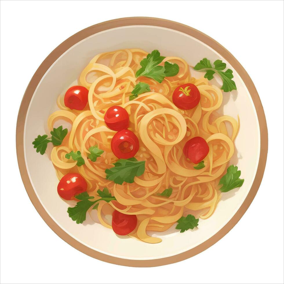 fideos o espaguetis pasta en cuenco o plato parte superior ver aislado detallado mano dibujado pintura ilustración vector