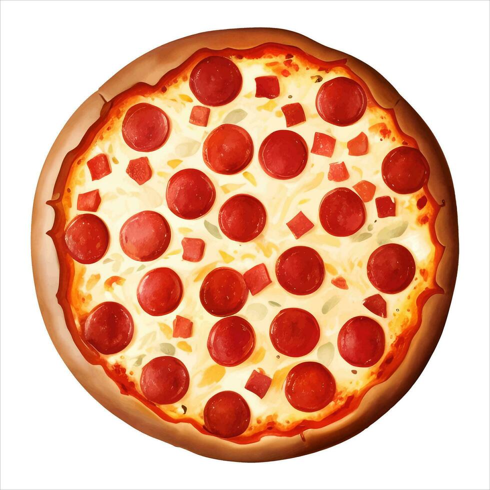 Pepperoni Cheese Pizza Top View Isolated Detailed Hand Drawn Painting Illustration vector