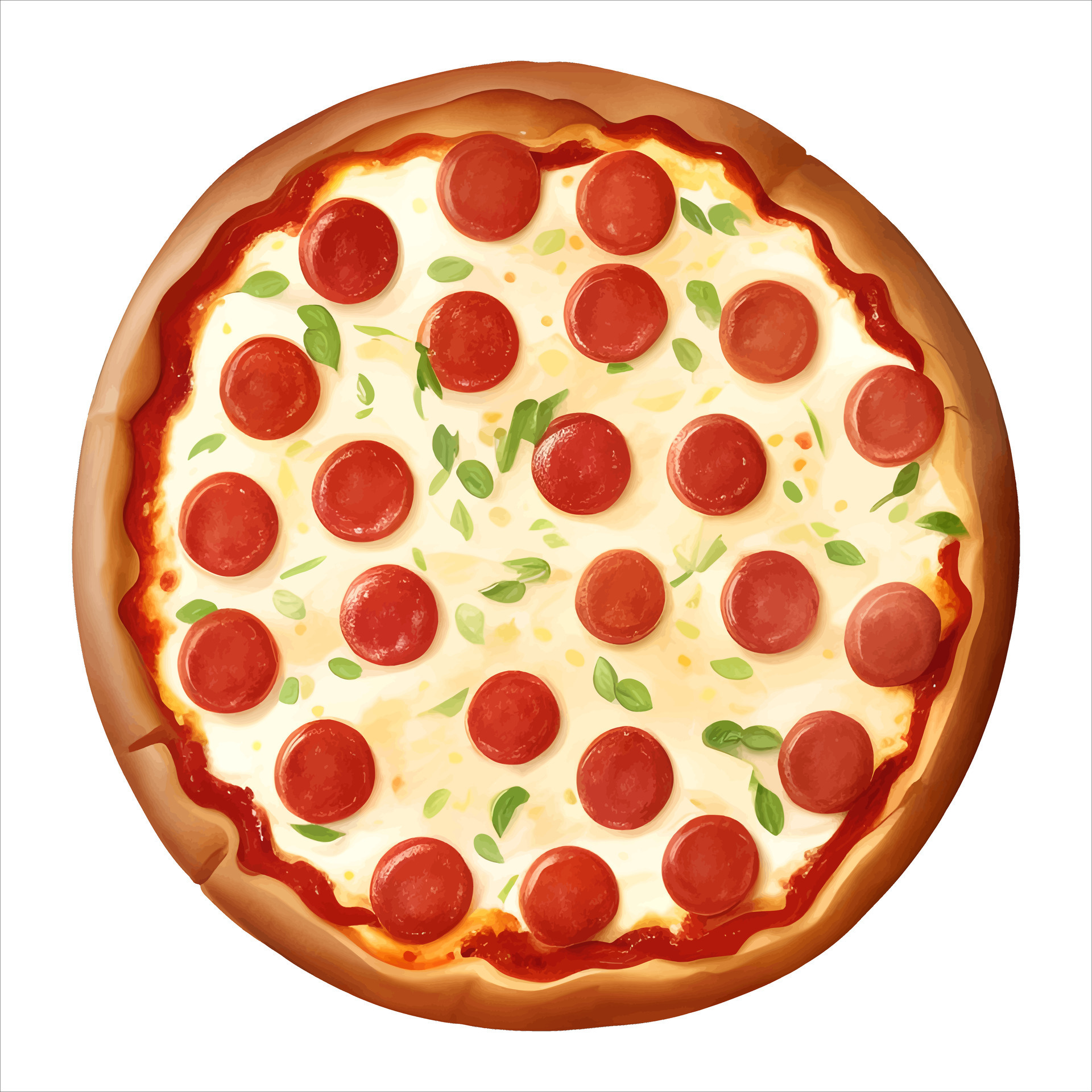 Pepperoni Cheese Pizza Top View Isolated Detailed Hand Drawn Painting 