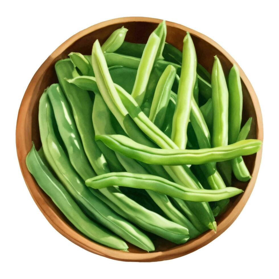 Green Beans on Wooden Bowl Isolated Hand Drawn Painting Illustration vector