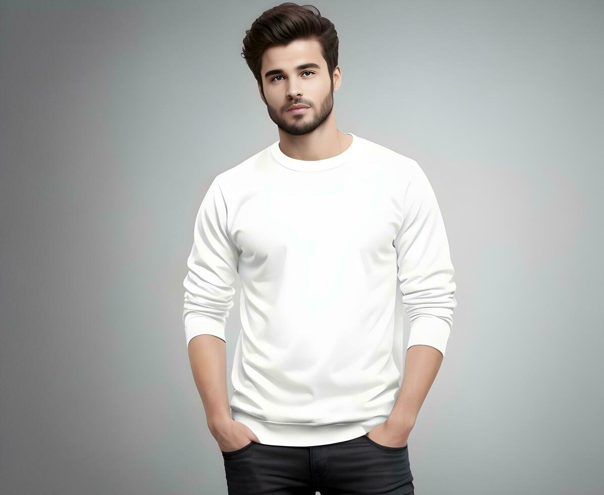 Young man wearing blank white sweater mockup print presentation mockup ai generate photo