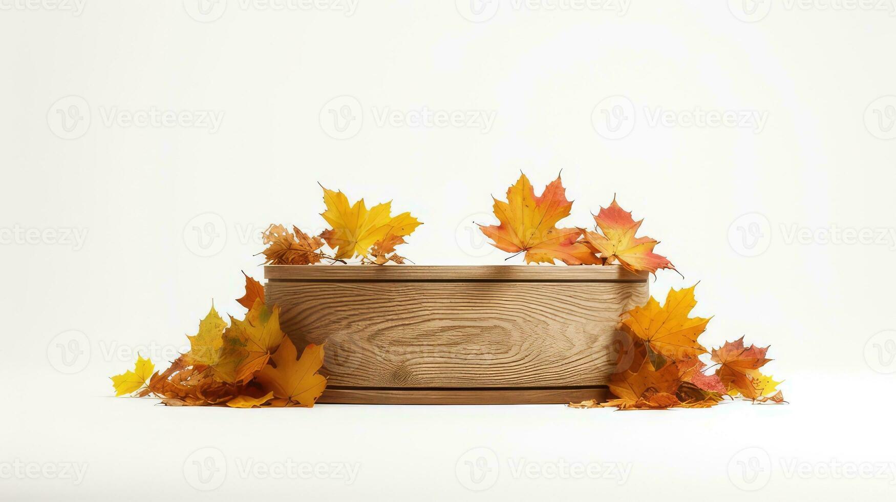 wood pedestal podium on natural dry autumn leaves, minimalist product show case podium. photo