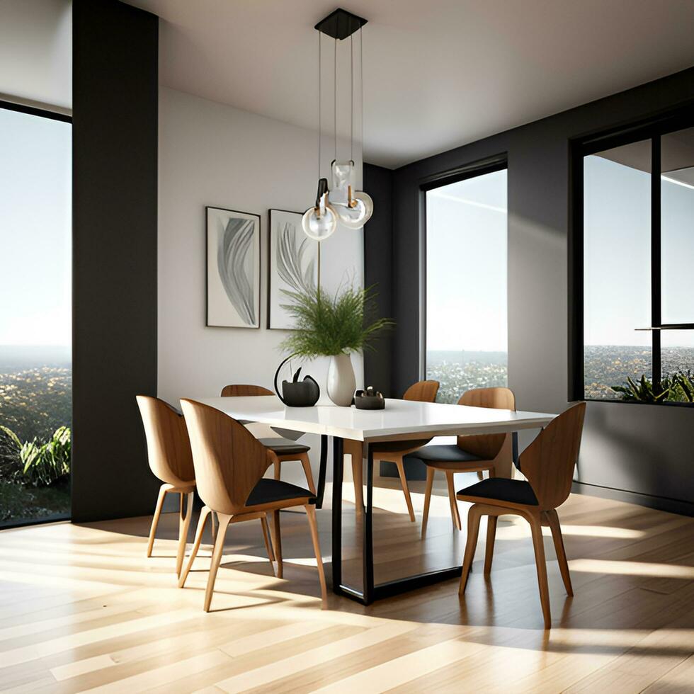 Modern Dining Room interior with Plants and Window View photo