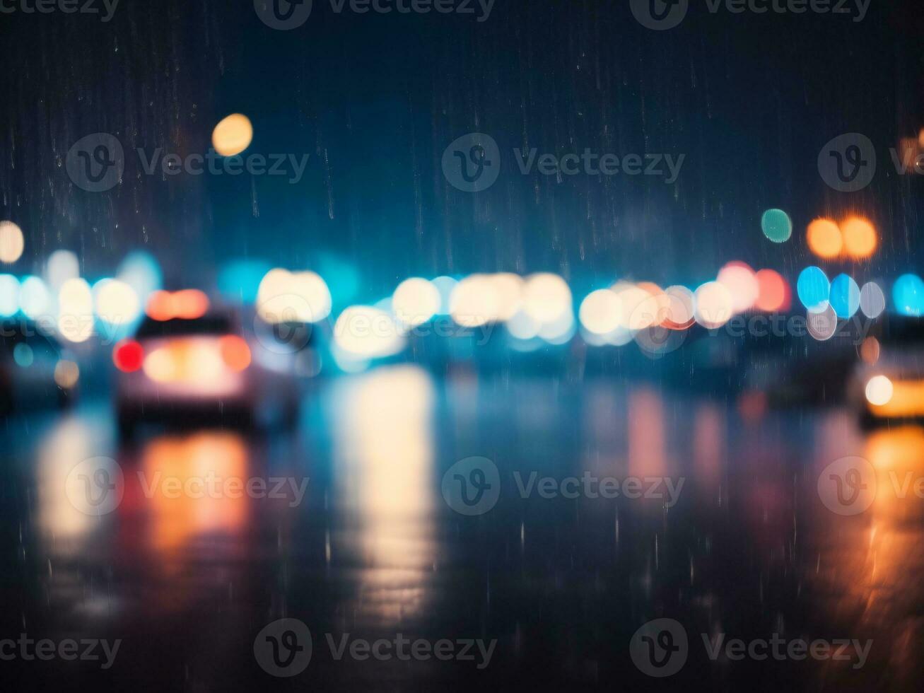 Abstract blurred night city on road, Blur urban city street road with raining and lighting bokeh for background photo