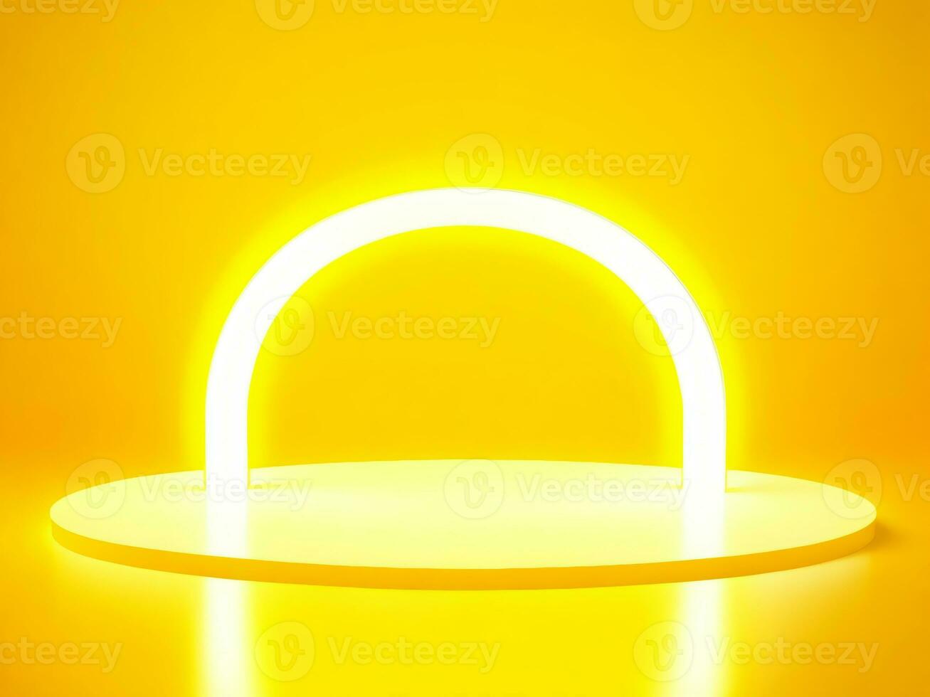 Empty round podium for product displays with neon lighting on yellow background photo