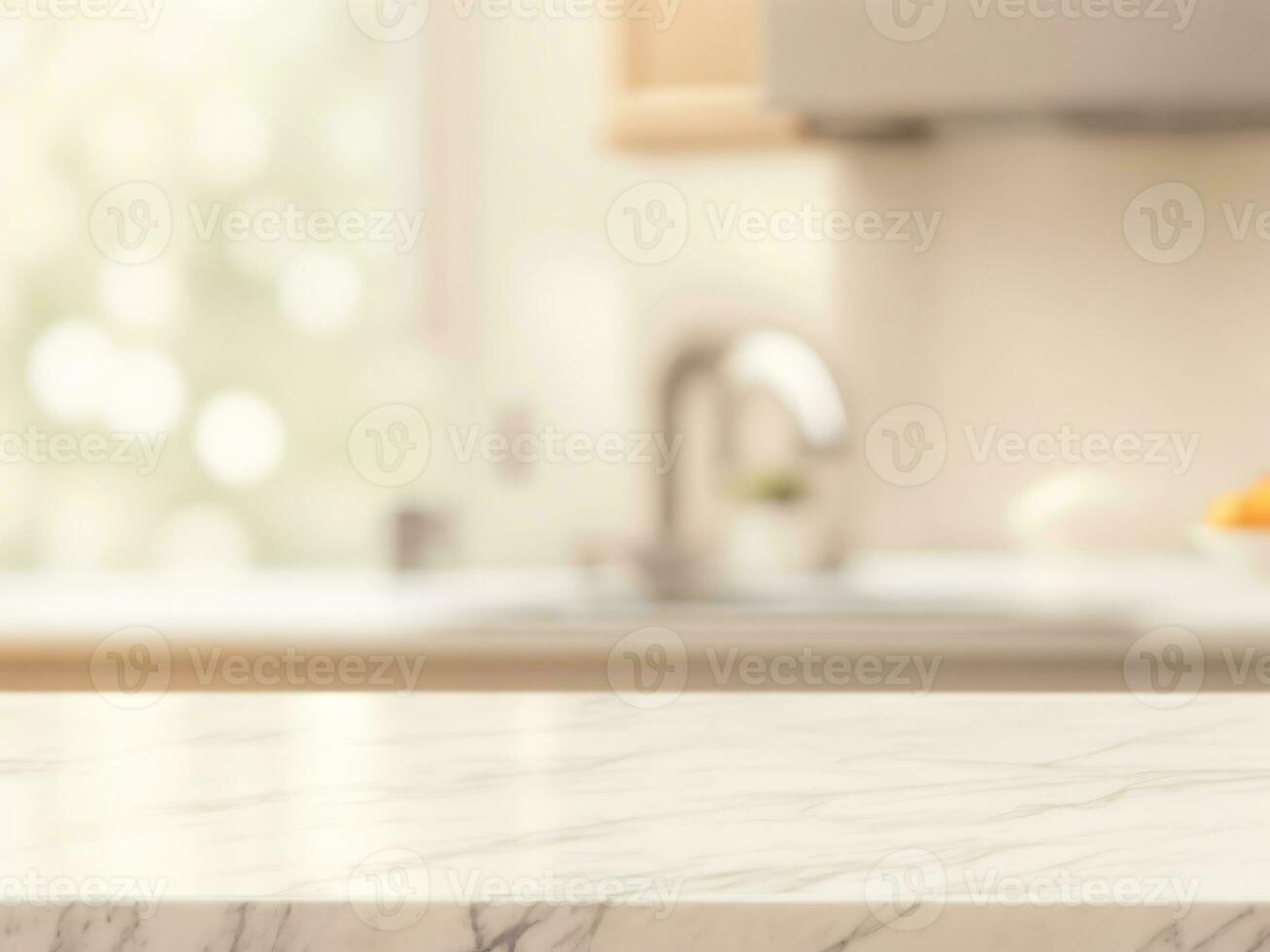 Empty marble surface and blurred kitchen background, For montage product photo