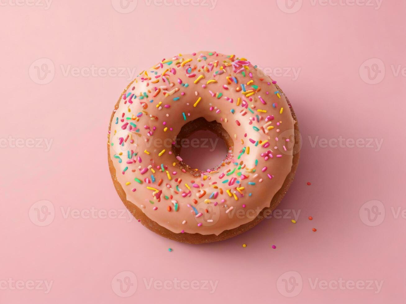 Sweet brown donut with multicolored sprinkles on a pink background photo