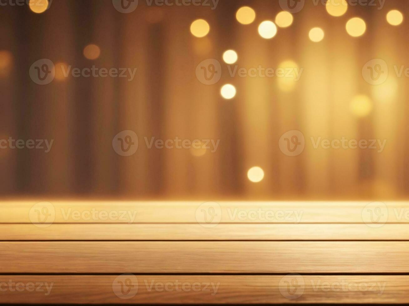 Empty wooden table top with lights bokeh on blur pub or concert stage background photo