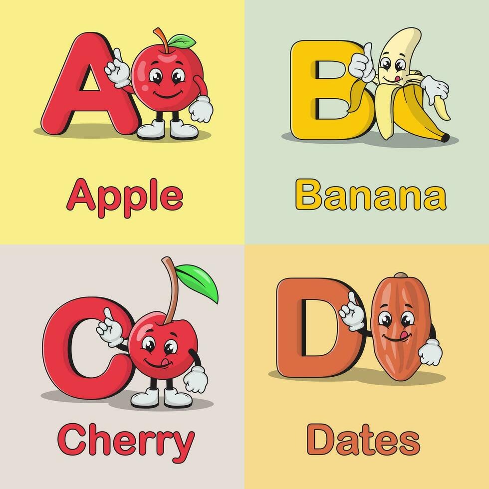 conjunto de frutas y vegetales mascota alfabeto dibujos animados vector icono ilustración