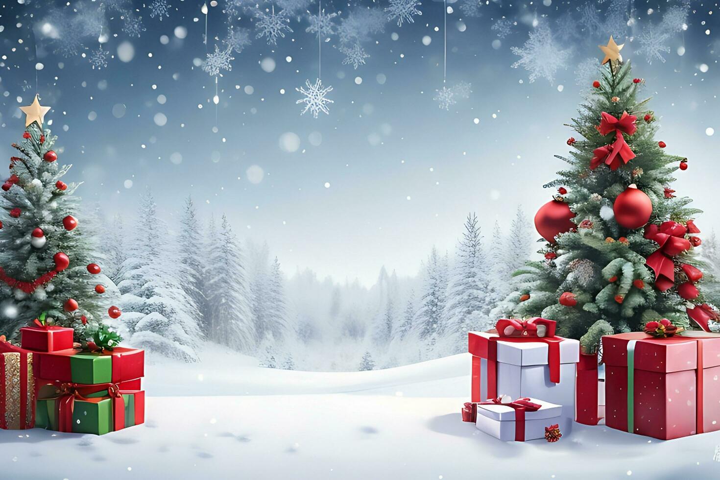 New Year Background with realistic festive gifts box snowfall with Christmas tree photo