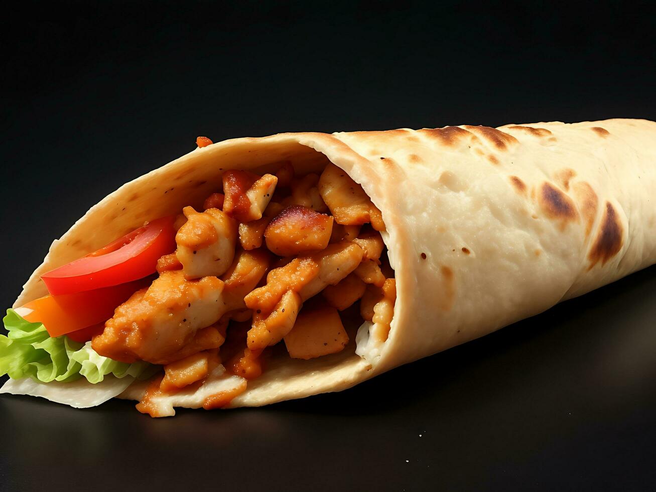 Side View Shawarma a piece of Chicken Roll on black background photo