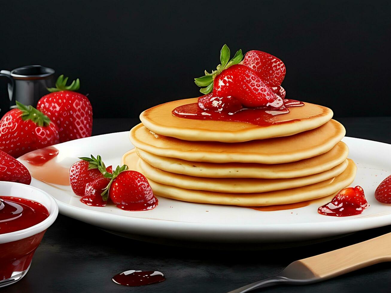 A tray of pancakes with strawberry jam on a table photo