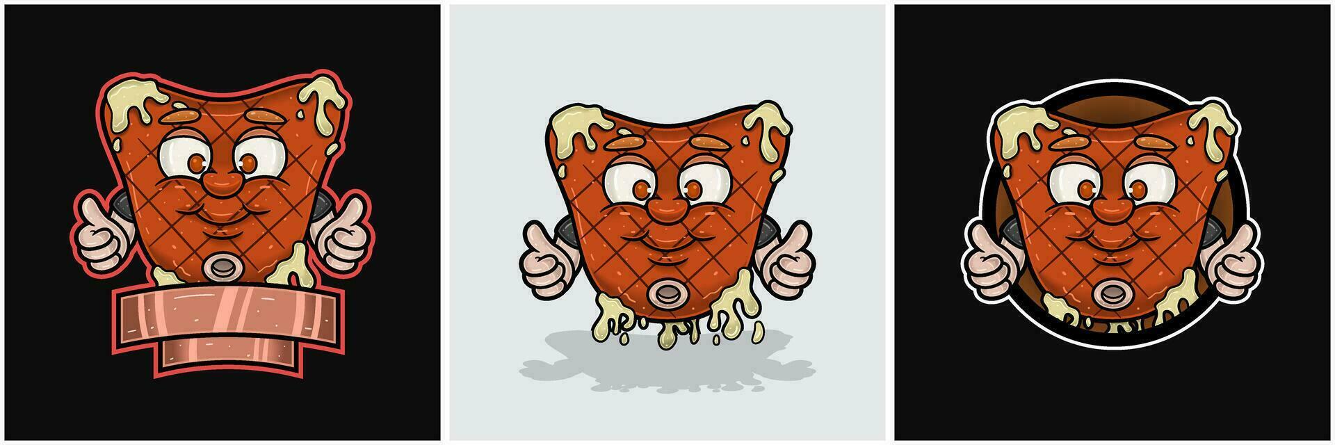 Set Of Beef Steak Mascot Cartoon With Happy Smile Face. For Food, Meat, Barbeque and Beef Logo. vector