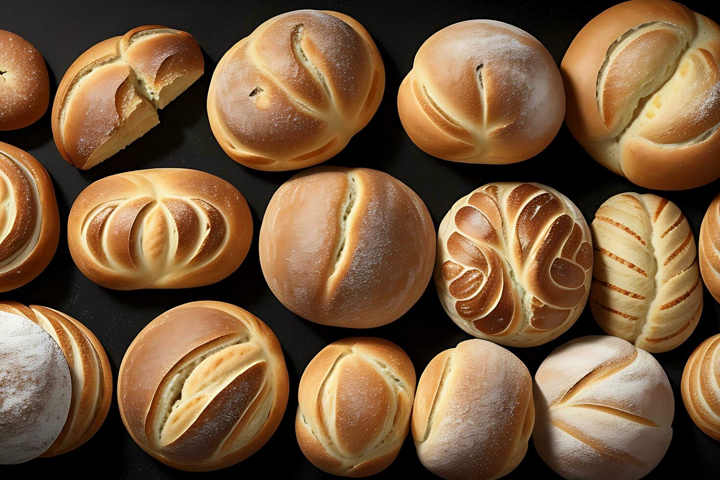 Many kinds of sweet and soft bread top view black background photo