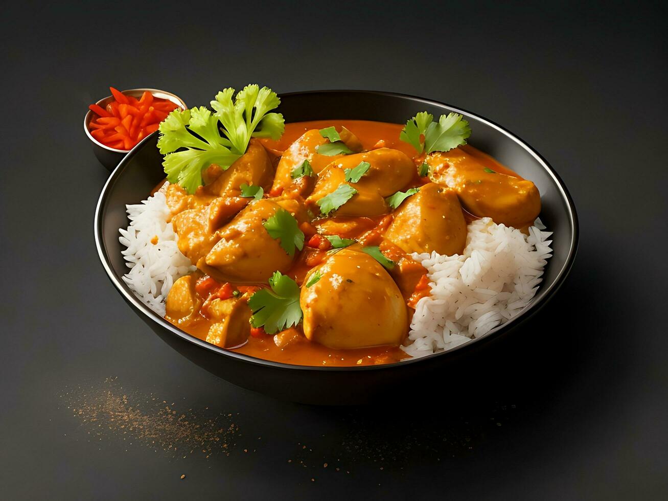 A bowl of butter chicken curry with rice on black background photo