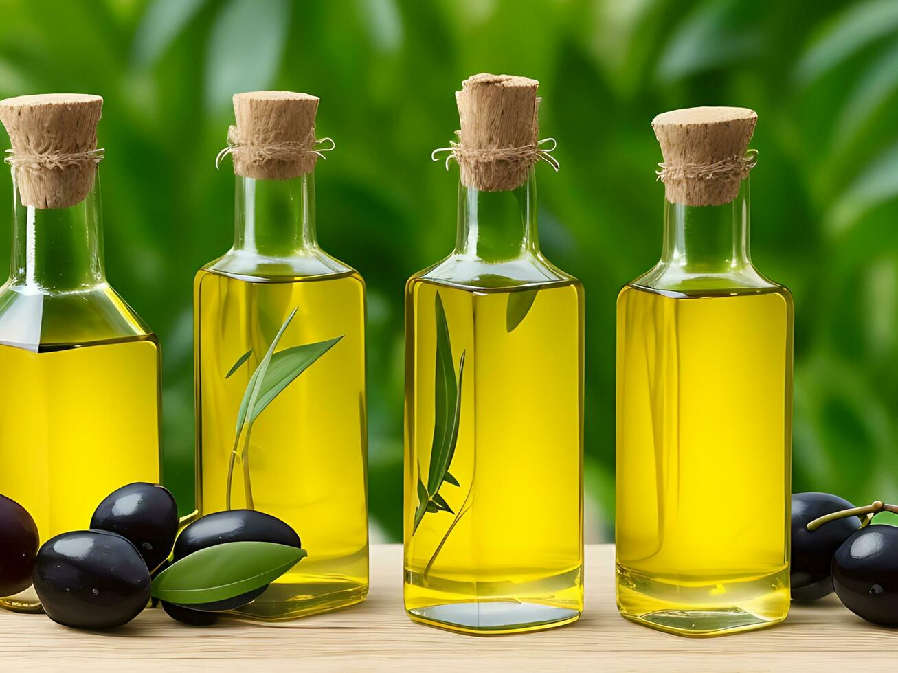 A series of bottles of olive oil with leaves in the background photo