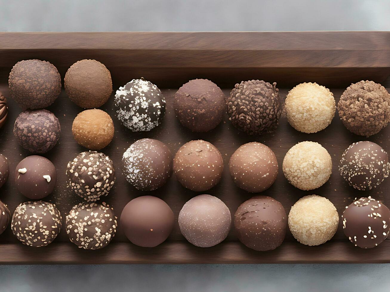 Assorted gourmet truffles on a wooden board black background photo