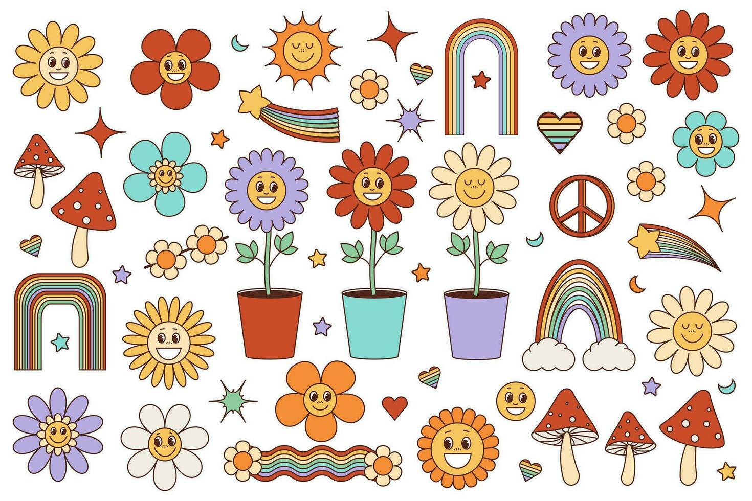 Groovy hippie set of elements. Fun rainbow flowers and mushrooms in 1970s style. Sticker pack in retro psychedelic clipart style. Vector illustration cartoon isolate