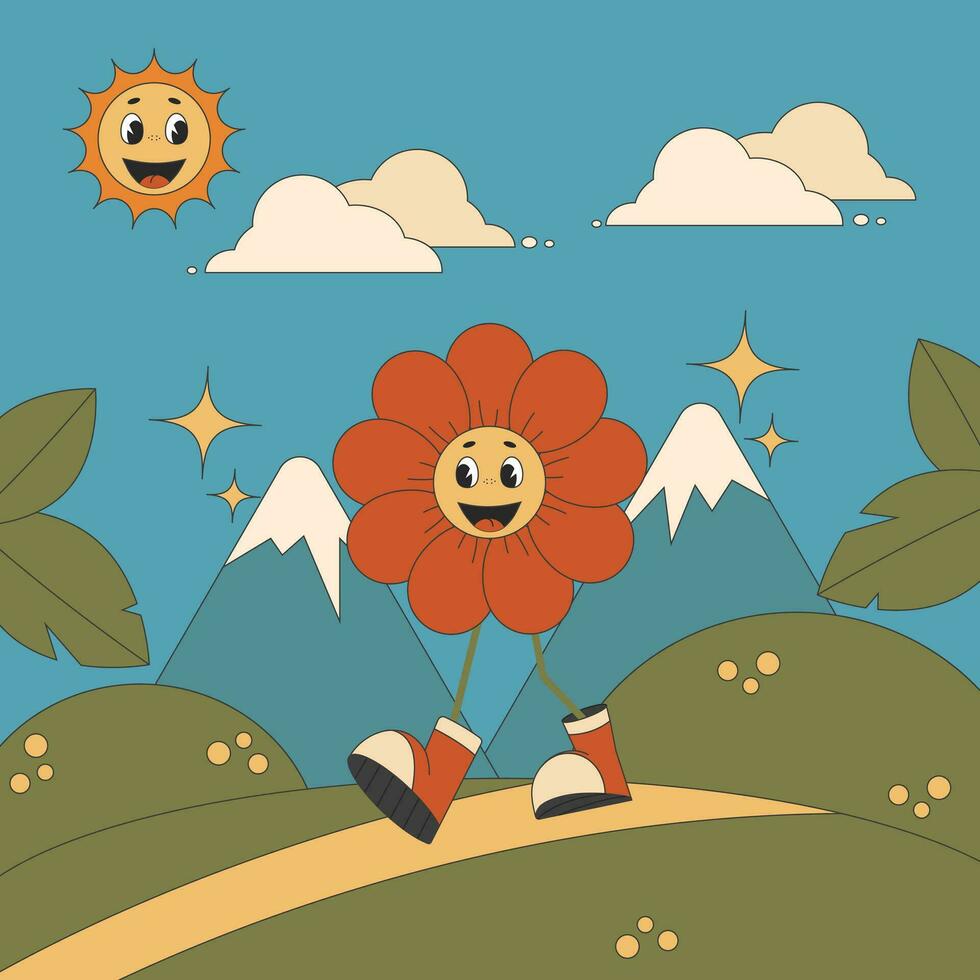 Groovy retro poster flower cute character walk in nature. Vector illustration poster in retro hippie style of the 1970s