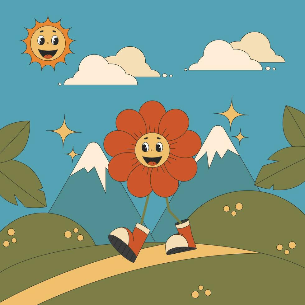 maravilloso retro póster flor linda personaje caminar en naturaleza. vector ilustración póster en retro hippie estilo de el 1970